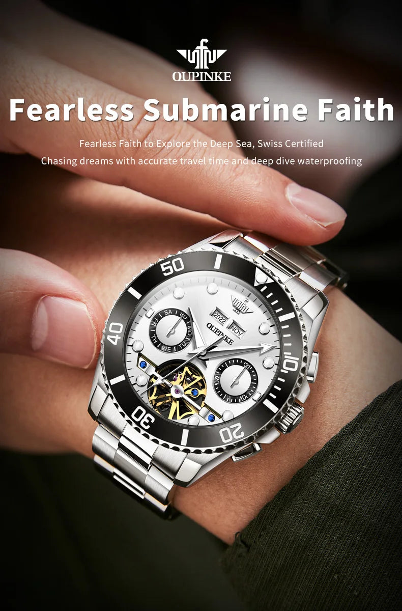 OUPINKE Automatic Mechanical Watches for Men White Black Panda Eye Skeleton Luxury Top Brand Sapphire Mirror Male Diving Watches