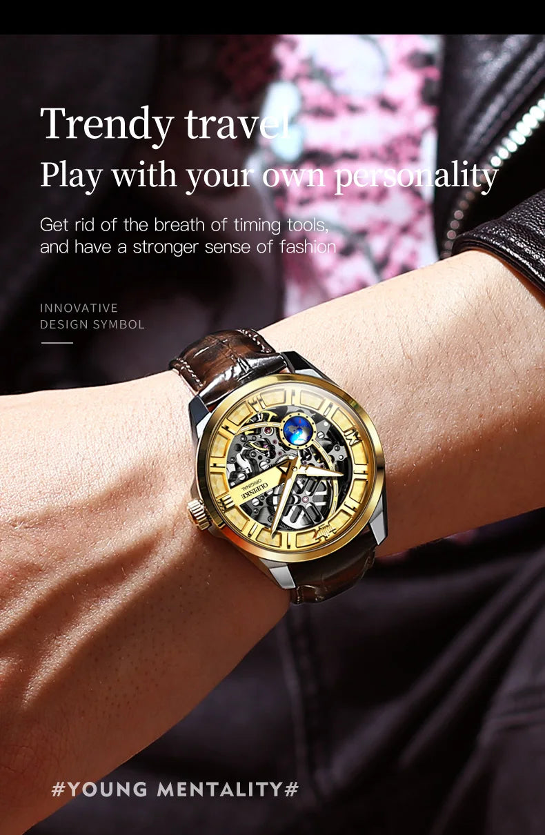 OUPINKE 3268 Man Automatic Watch Top Brand Hollow Deep Waterproof Mechanical Watch For Men Luxury Original Leather Wristwatch