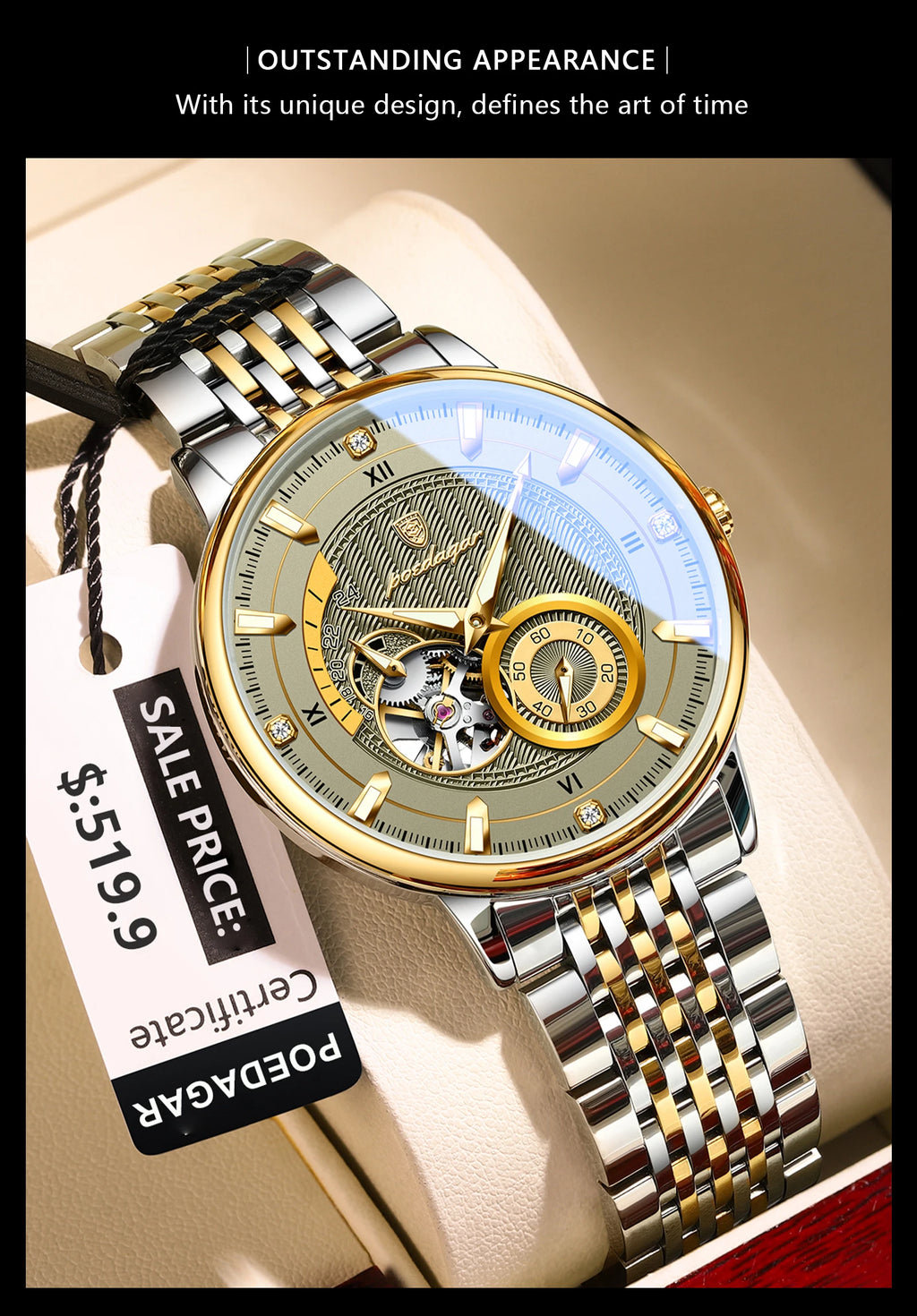 POEDAGAR Luxury Man Wristwatch Top Automatic Mechanical Luminous Men Watch Hollow Tourbillon Stainless Steel Men's Watches Reloj