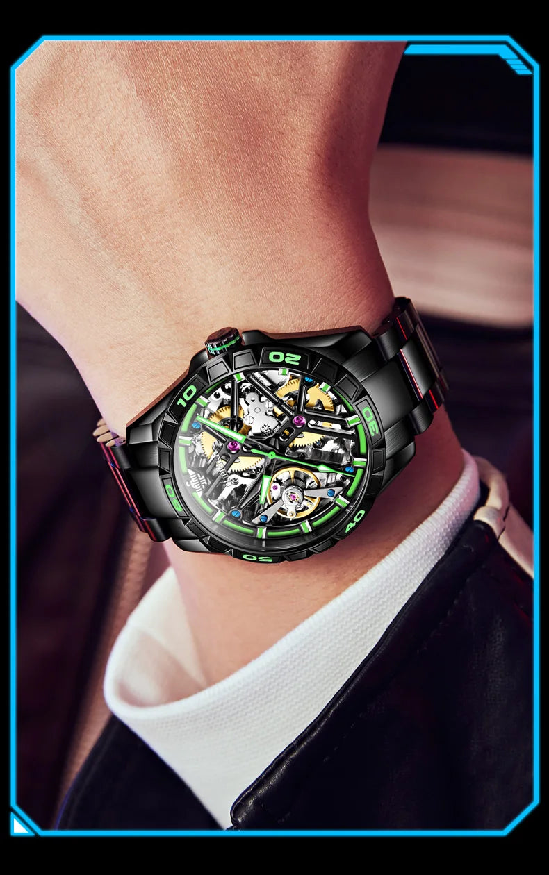 OUPINKE 3196 Blue Watch for Men Original Automatic Movement Deep Waterproof Hollow Out Mechanical Wristwatch Men