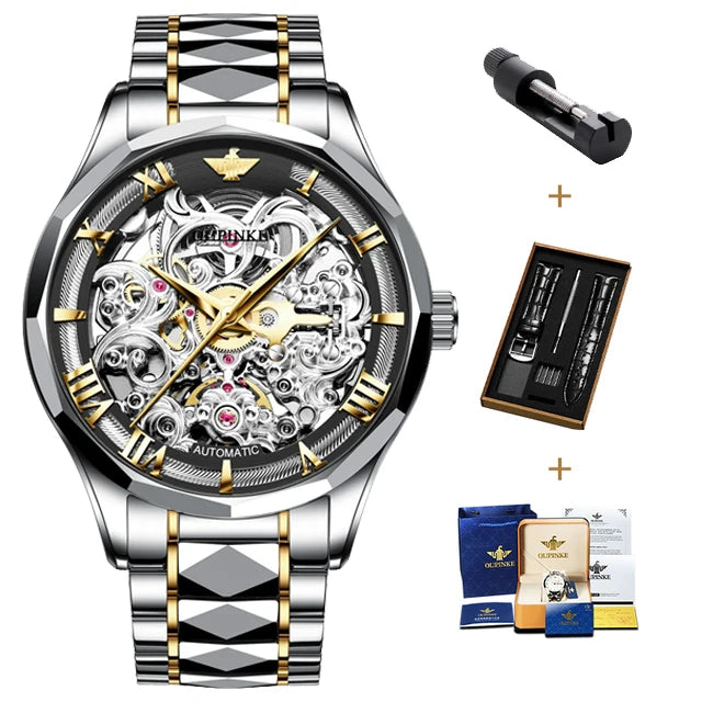 OUPINKE Watches Men Skeleton Automatic Mechanical Wristwatch Luxury Top Brand Sapphire Mirror Tungsten Steel Hollow Montre Homme