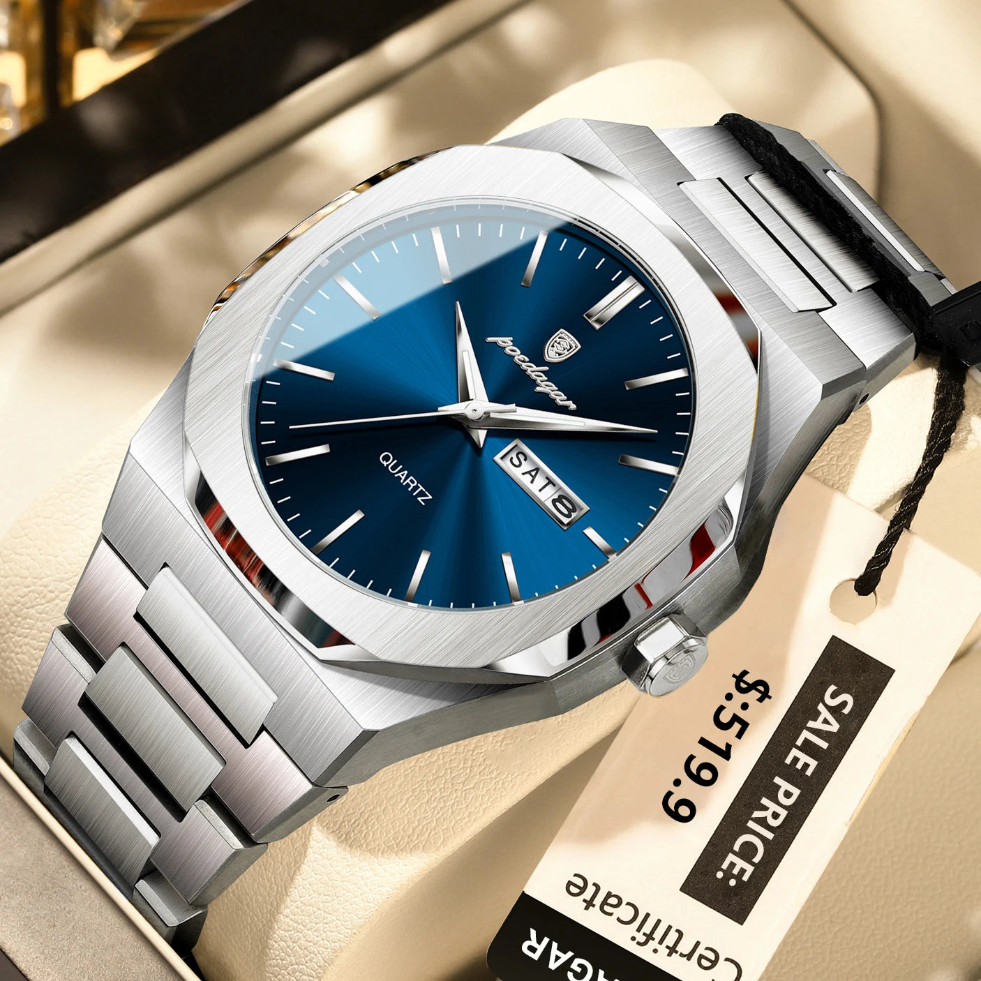 POEDAGAR Top Luxury Men Clock Waterproof Luminous Calendar Week Man Wristwatch Sports Stainless Steel Quartz Men's Watches Reloj