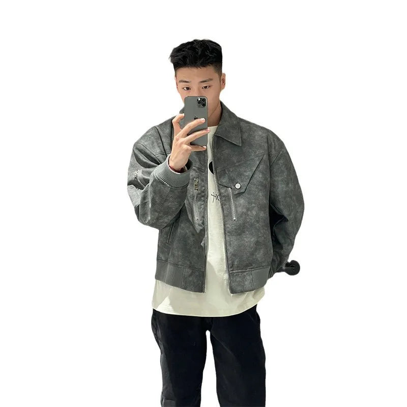 High End Men's Leather Jacket for Autumn and Winter, Stylish Motorcycle Suit, American High Street Short Style PU Jacket