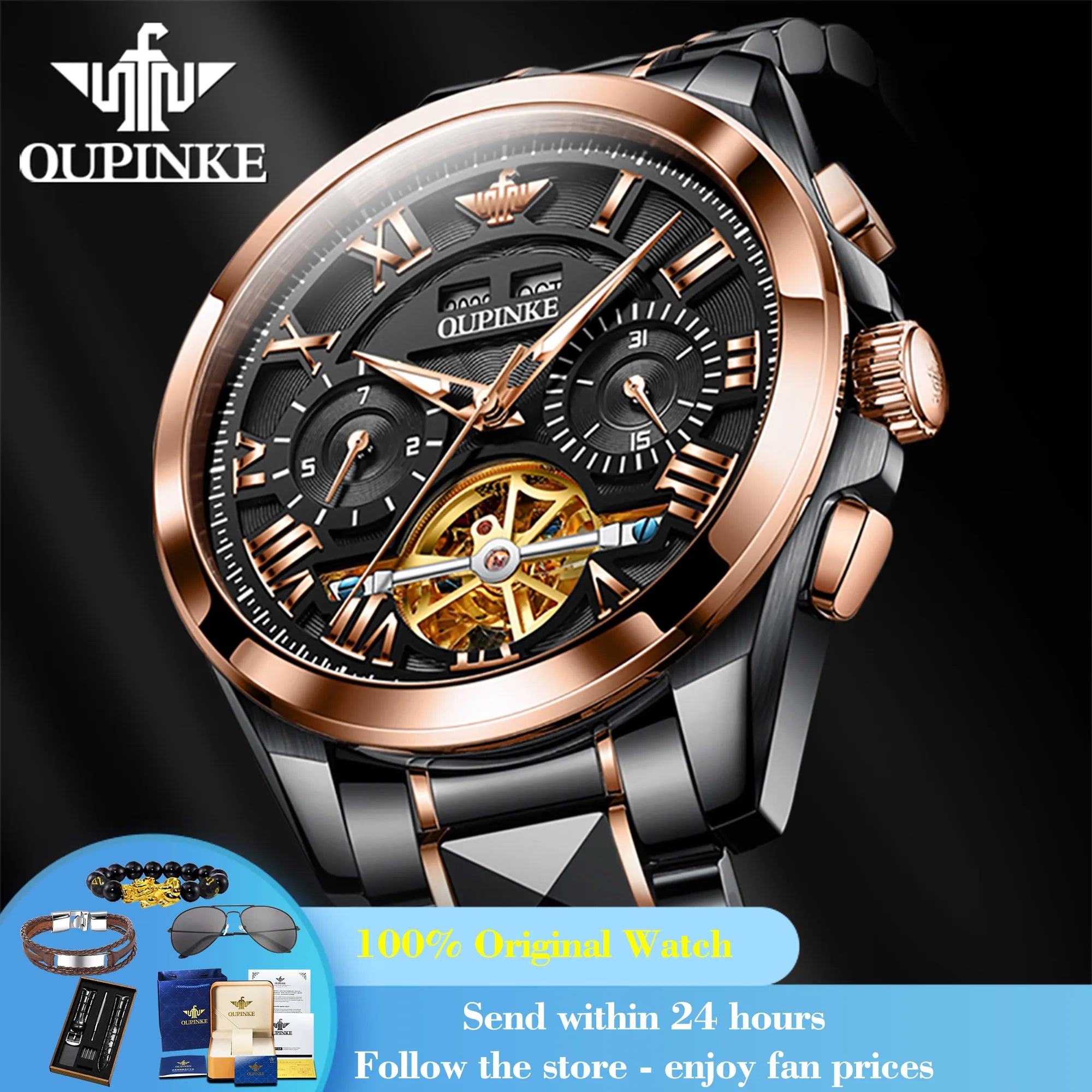 OUPINKE 3236 Men Watch Hollow Skeleton Date Luxury Mechanical Watch For Men Deep Waterproof Roman Scale Male Business Wristwatch