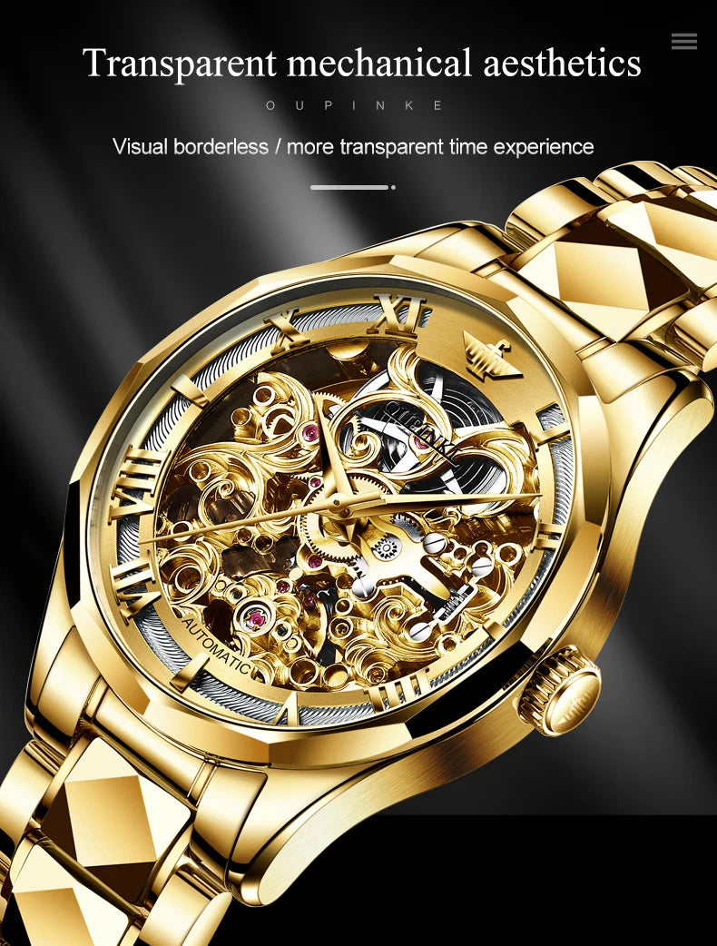 OUPINKE Watches Men Skeleton Automatic Mechanical Wristwatch Luxury Top Brand Sapphire Mirror Tungsten Steel Hollow Montre Homme