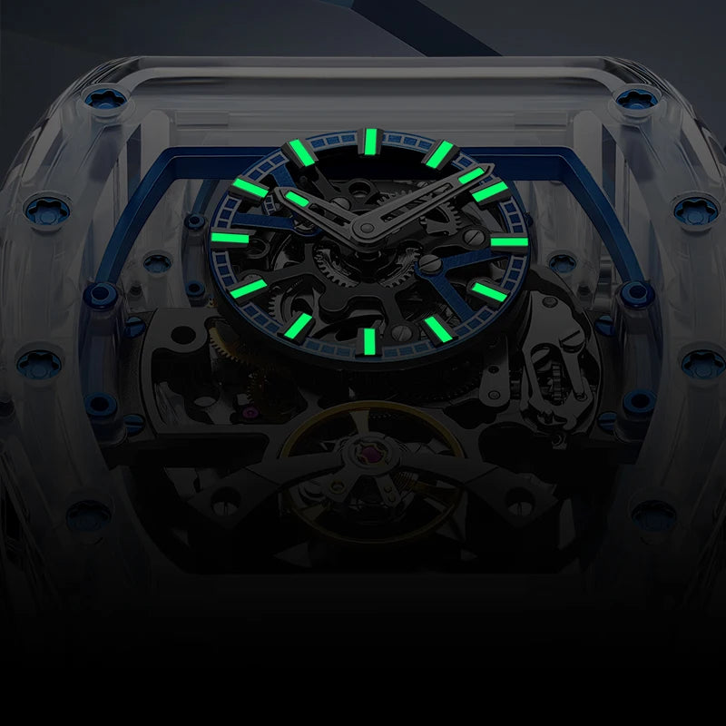 BONEST GATTI 2025 New Men Automatic Watch Tonneau Mechanical Wristwatch Acylic Case Sapphire Lume Hollow Out Dial Fluororubber