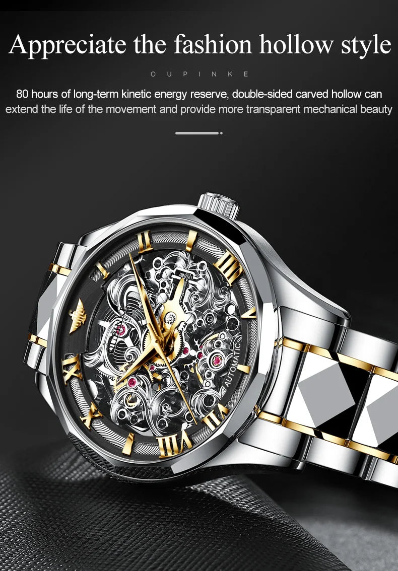 OUPINKE Tungsten Steel Strip Men's Watches Fully Transparent Dial Automatic Mechanical Watch Waterproof Sapphire Mirror Surface