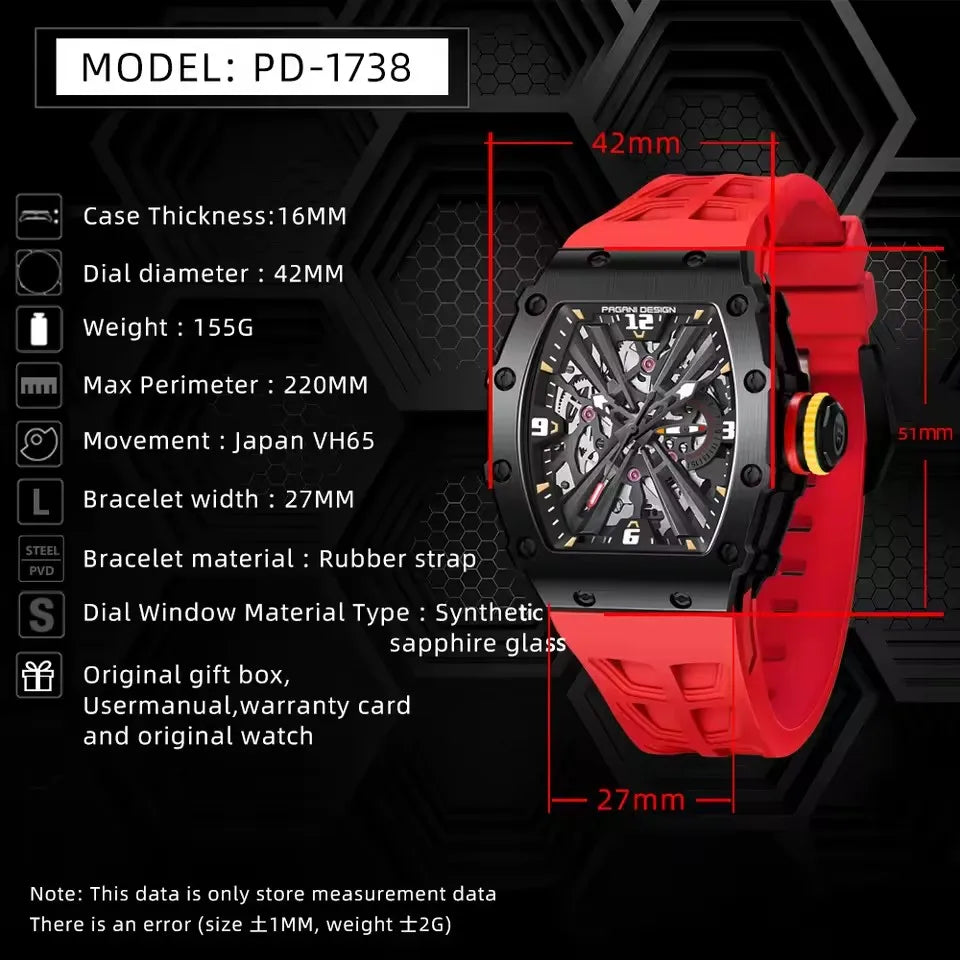 PAGANI DESIGN New VH65 Watch For Men Skeleton Quartz Wristwatch Sapphire Glass Silicone Original Luxury Men Watch Gift With Box