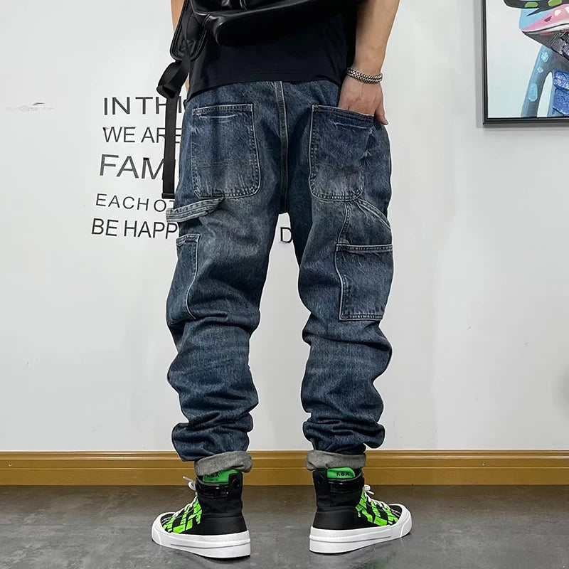 Autumn Men's Jeans With Multiple Pockets Workwear Pants Leg Pants Retro Straight Leg Pants Casual Pants