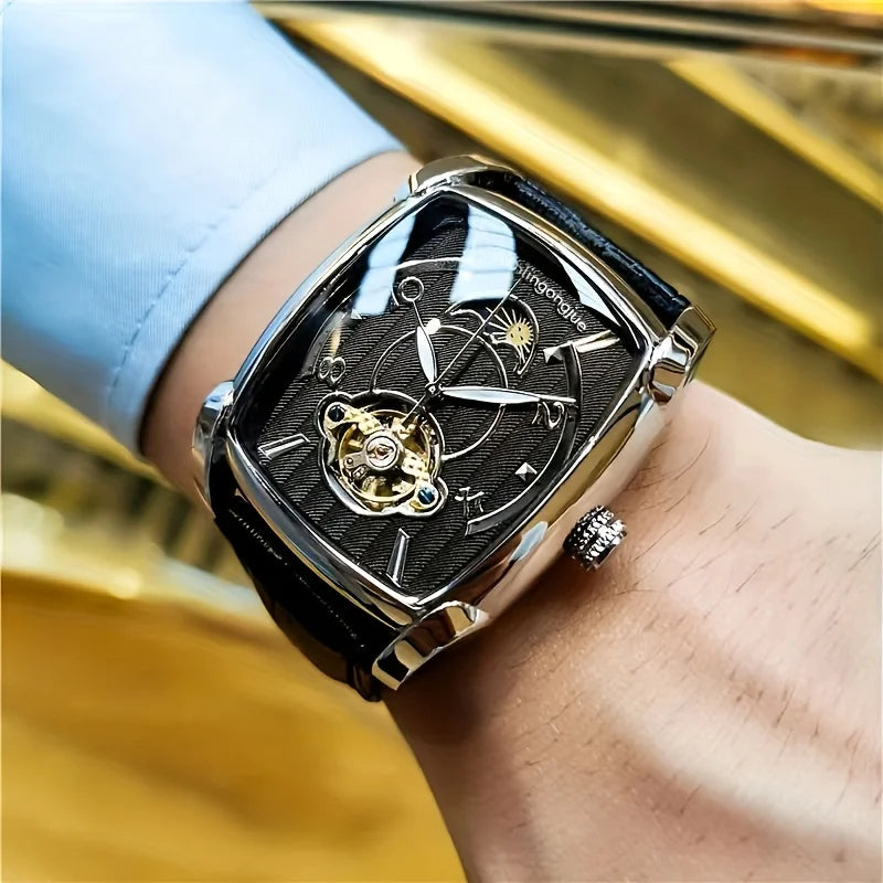 [Luxury Tourbillon Mechanical Watch] Light Luxury Tourbillon Mechanical Watch for Men - Fully Automatic High-End Fashion Trend Hollow Business Casual Men's Watch - Sun, Moon, Star, Barrel Shape, Temperament Large Plate, Gift
