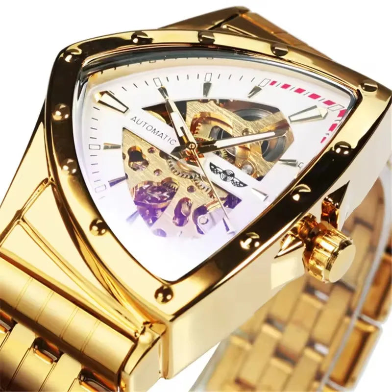 Winner 395S Premium Men's Luxury Automatic Mechanical Watch Stainless Steel Hollow Triangle Skeleton Dial Casual Men's Clock