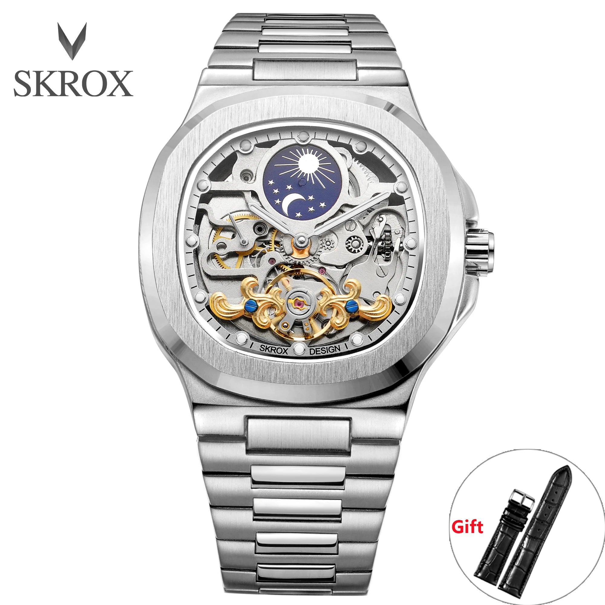 2025 High-end Luxury SKROX Square Man Watch Sapphire Stainless Steel Skeleton Moon Phase Classic Automatic Movement Male Watches