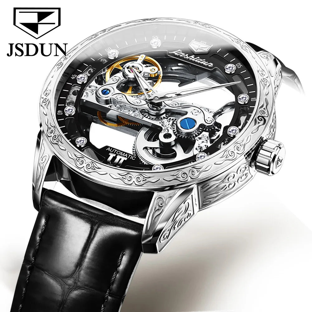 JSDUN 8917 Mens Watch Leather Strap Original Business Multifunctional Mechanical Watch﻿ Waterproof Watches For Man Gifts