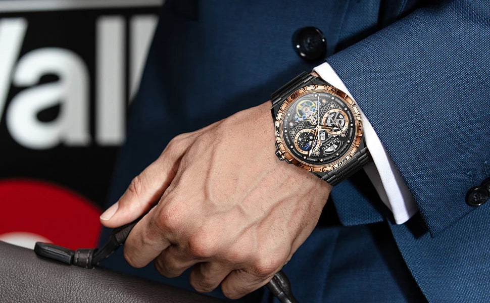GELATU 6020 Trend Men's Watches Multifunctional Automatic Mechanical Watch for Men Flywheel Hollow out Moon Phase Wristwatch Man