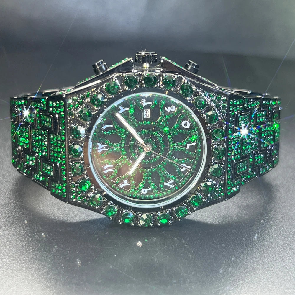 2024 Hip Hop Green Diamond Watche For Men Fashion Automatic Date Quartz Clock Dress Square Iced Jewelry WristWatch Man For Gift