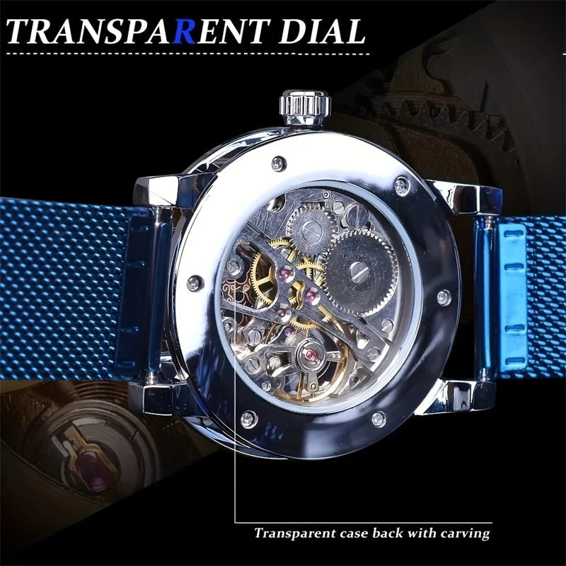 1 Piece of Men's Fashionable Diamond-Encrusted Manual Mechanical Watches, Cut Out Design Mesh Strap Watches, Fashionable, Casual, Versatile and Handsome Male Student Watches, High-Looking Gifts, First Choice Gifts, No Batteri