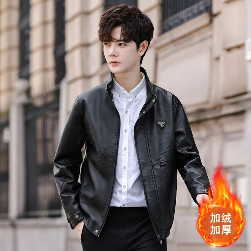 Luxury Fleece Lined Men's Faux Leather Jacket Brand Business Solid PU Leather Coat Male Autumn Winter Vintage Motorcycle Jackets