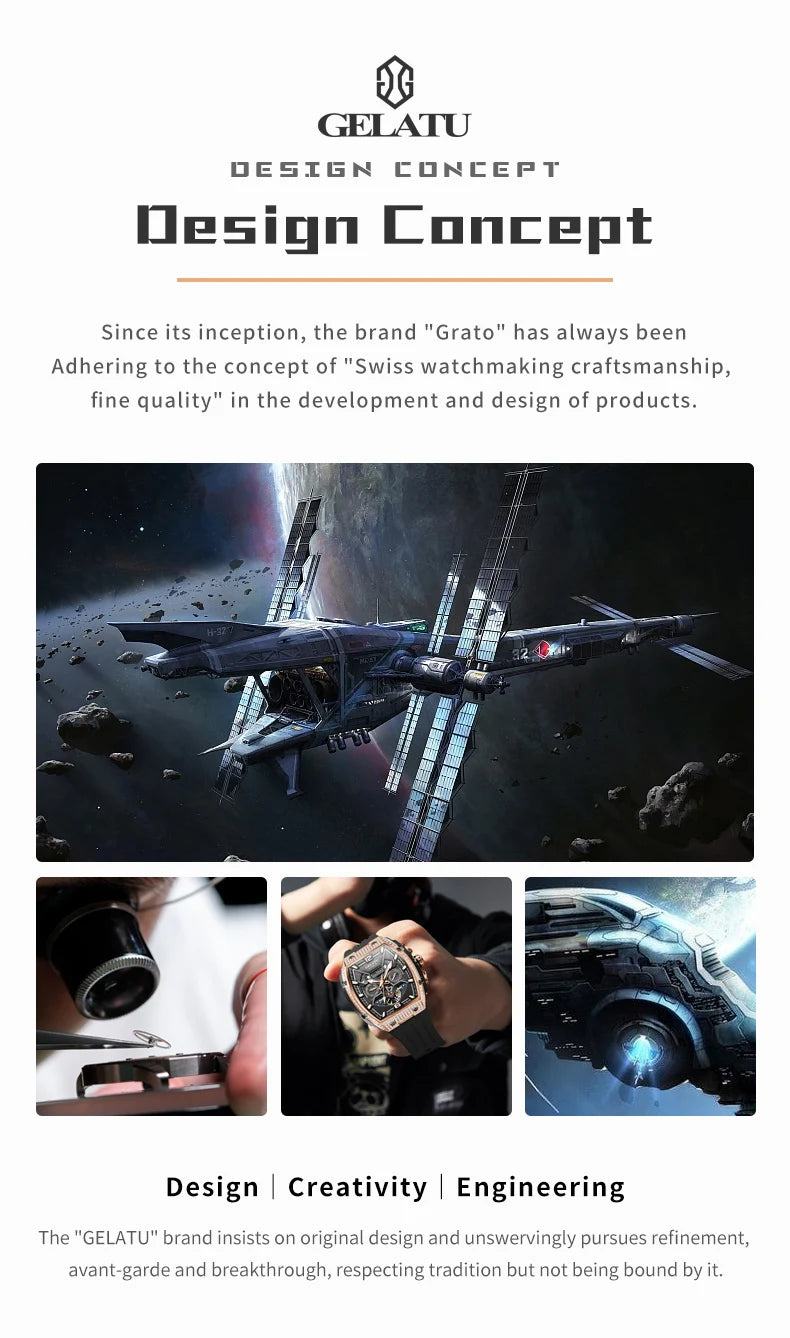GELATU 6016 Skeleton Flywheel Automatic Men Watch Original Waterproof Silicone Strap Luxury Brand Diamond Men Mechanical Watch