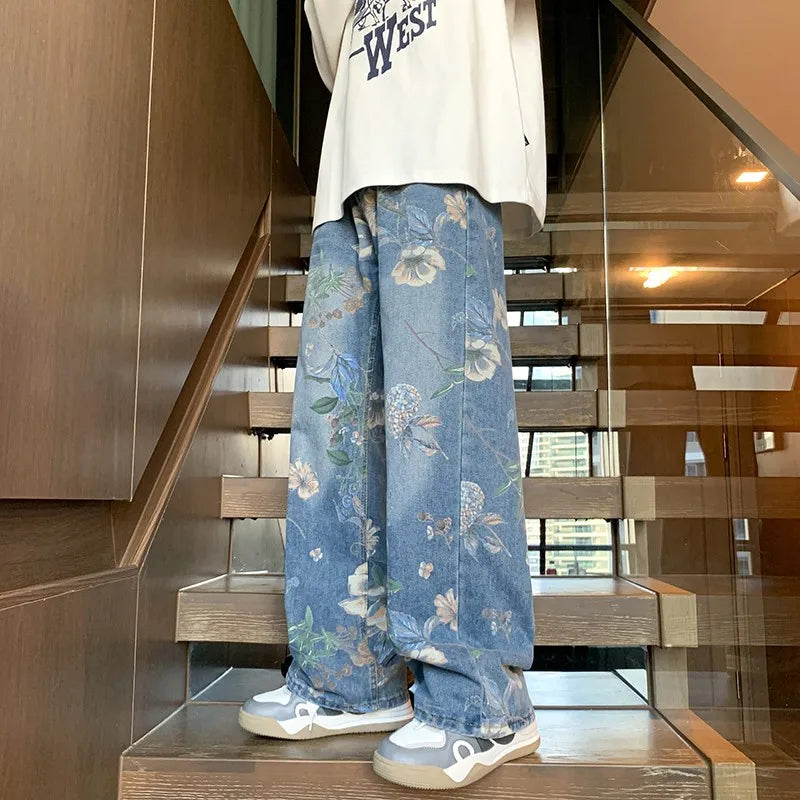 2024 baggy jeans men Floral Printed Jeans Korean Style Autumn Denim Pants High Street Loose Trousers Hip Hop Wide-leg Jean Pants