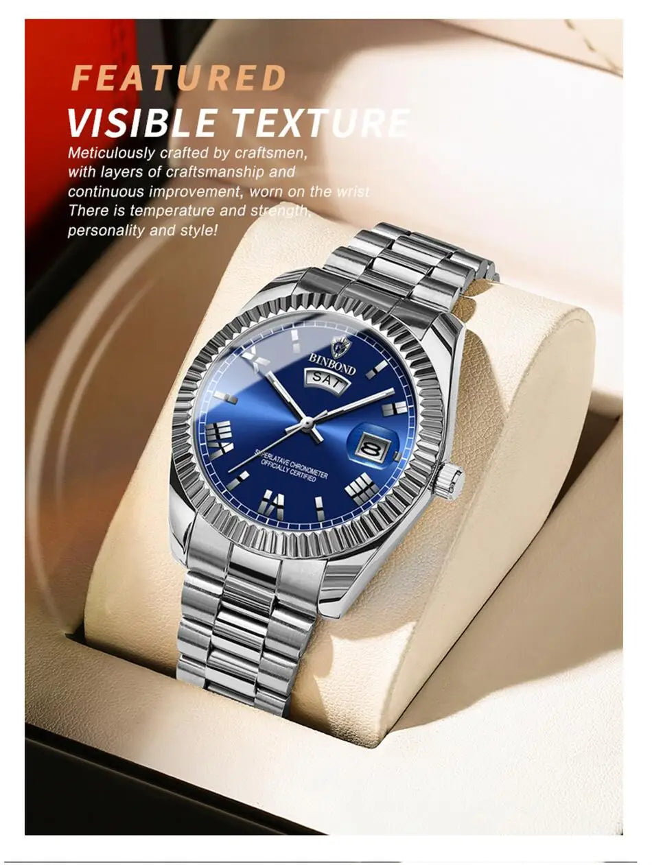 2025 New Men Business Watches Fashion Arabic Dial Steel Band Male's Luminous Waterproof Quartz Watch Set(Gift box regulator Box）