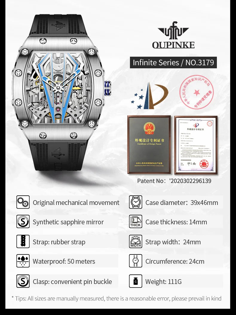 OUPINKE 3179 Men's Watches Top Brand Skeleton Tonneau Automatic Mechanical Luxury Original Watch for Men 5m Waterproof Man Watch