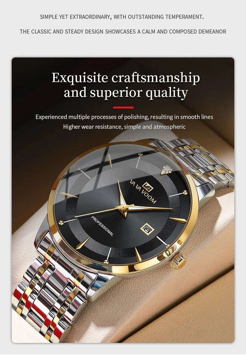 VA VA VOOM Fashion Men's Watches Waterproof Stainless Steel Business Simple Night Light Date Top Brand Quartz Watch for Men