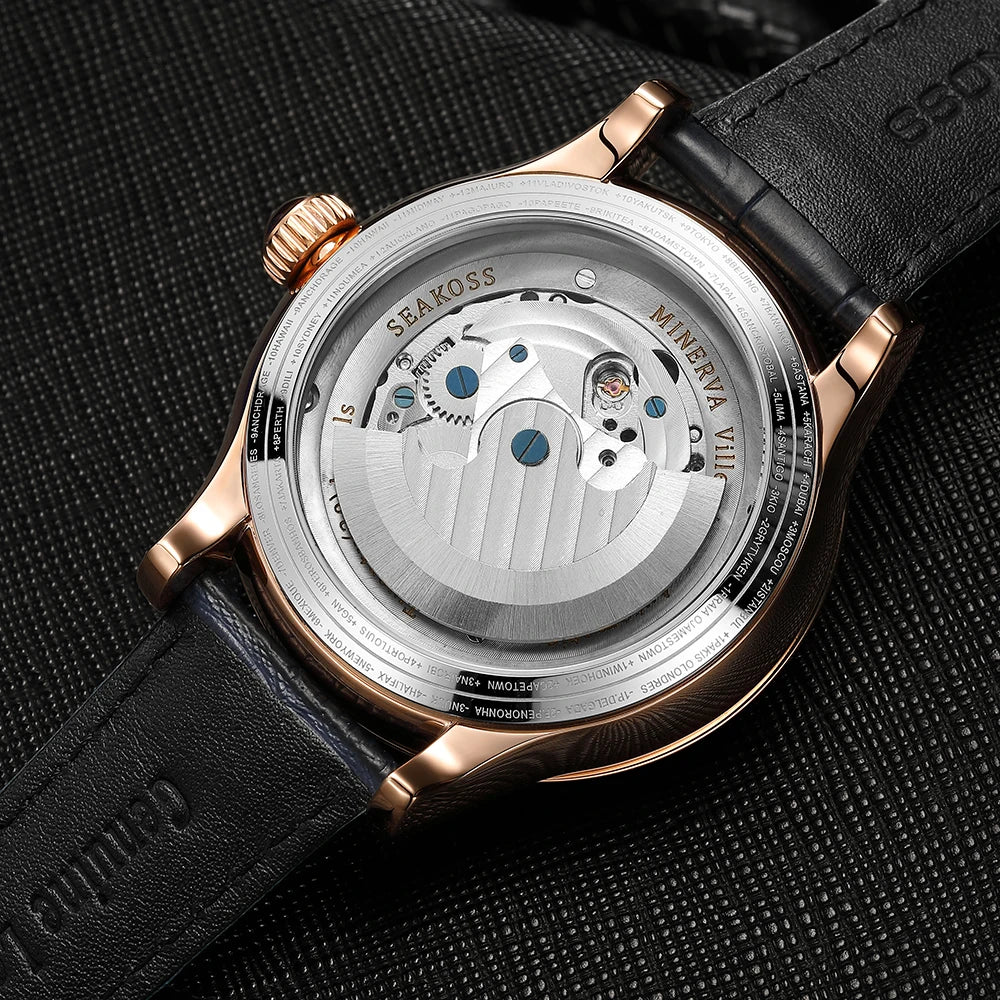 SEAKOSS Luxury Double Earth Rotating Men's Mechanical Watch Automatic Movement Waterproof Clock Pilots Men 1963 Flywheel Watches