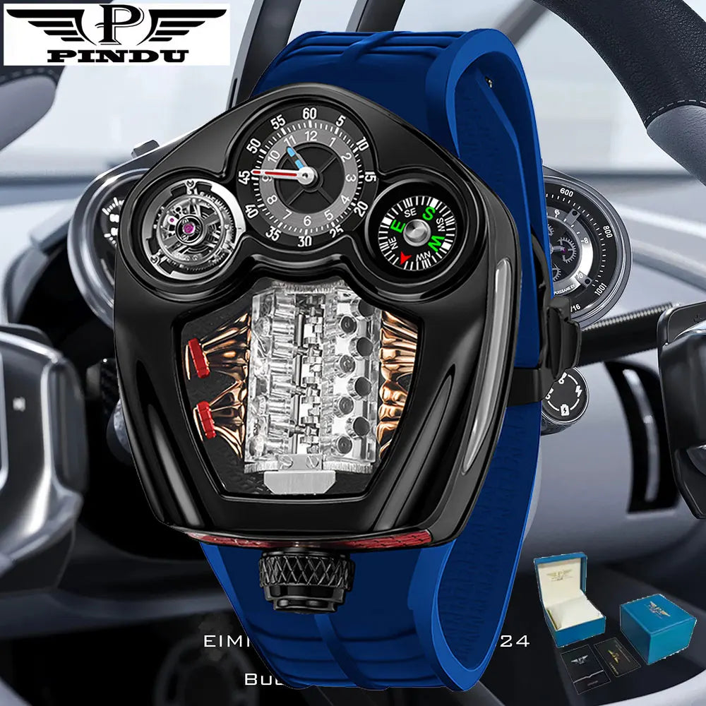 PINDU Fashion Men Quartz Watch 5ATM Silicone Men Watch Multifunctional Stainless steel Compass Casual Wristwatch Swiss Movement