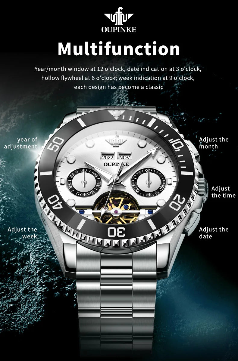 OUPINKE Automatic Mechanical Watches for Men White Black Panda Eye Skeleton Luxury Top Brand Sapphire Mirror Male Diving Watches