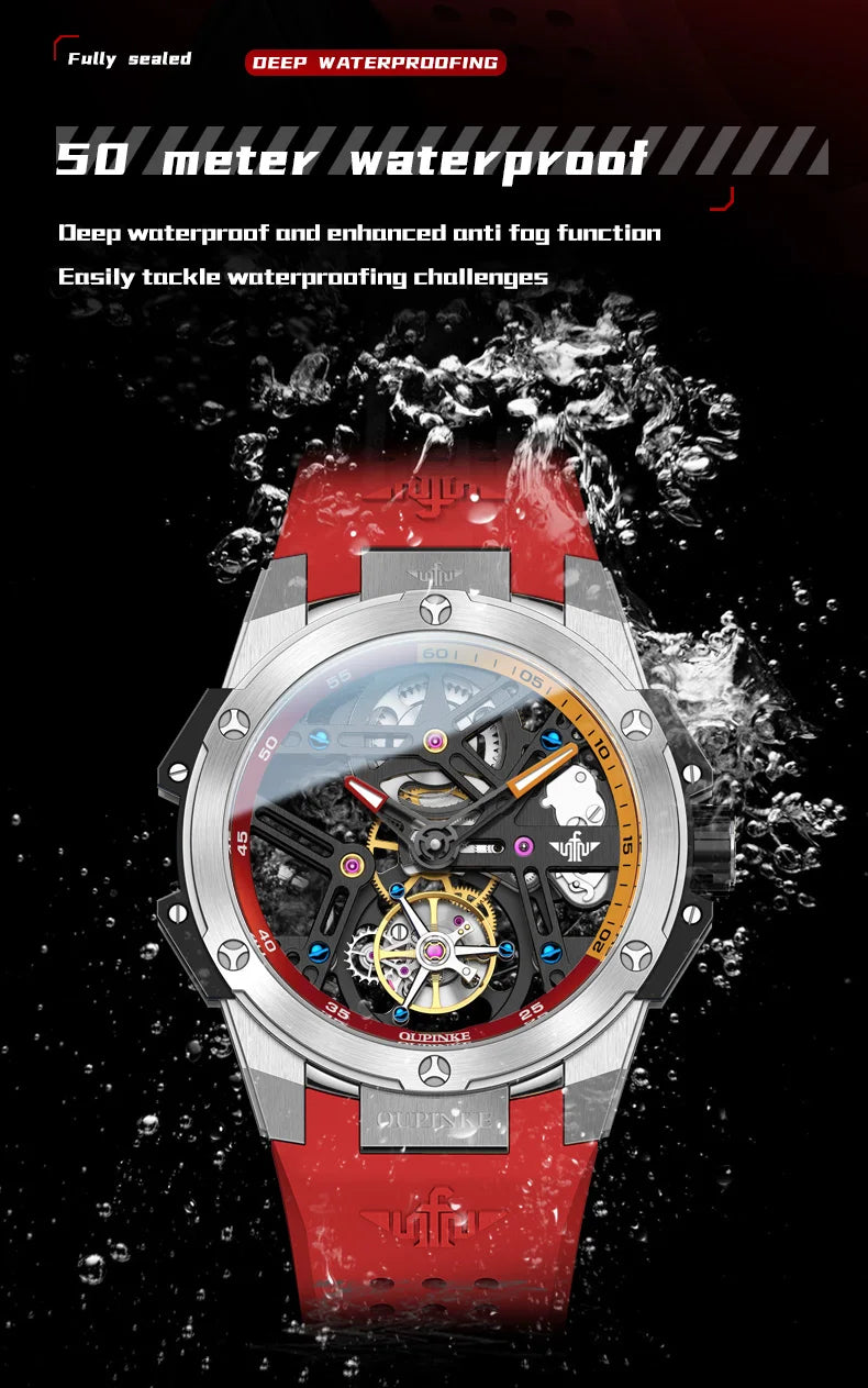 OUPINKE 8003 Men's Watch 45mm Big Dial Fashion Hollow Automatic Watch For Men Waterproof Luxury Tourbillon Mechanical Hand Clock