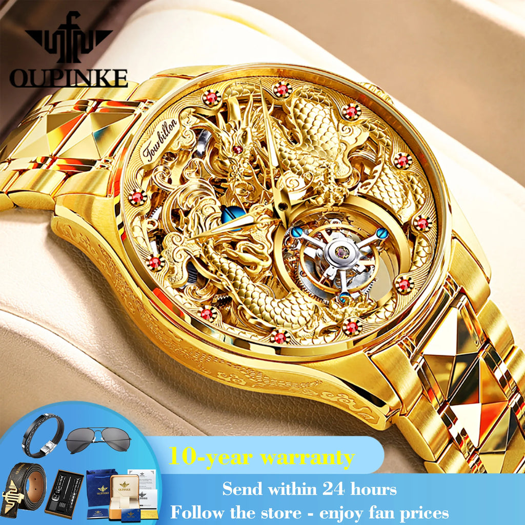 OUPINKE 3176 Hollow Men's Watch Top Brand Tourbillon Dragon Watch For Men Sapphire Mirror Luxury Mechanical Man Wristwatch