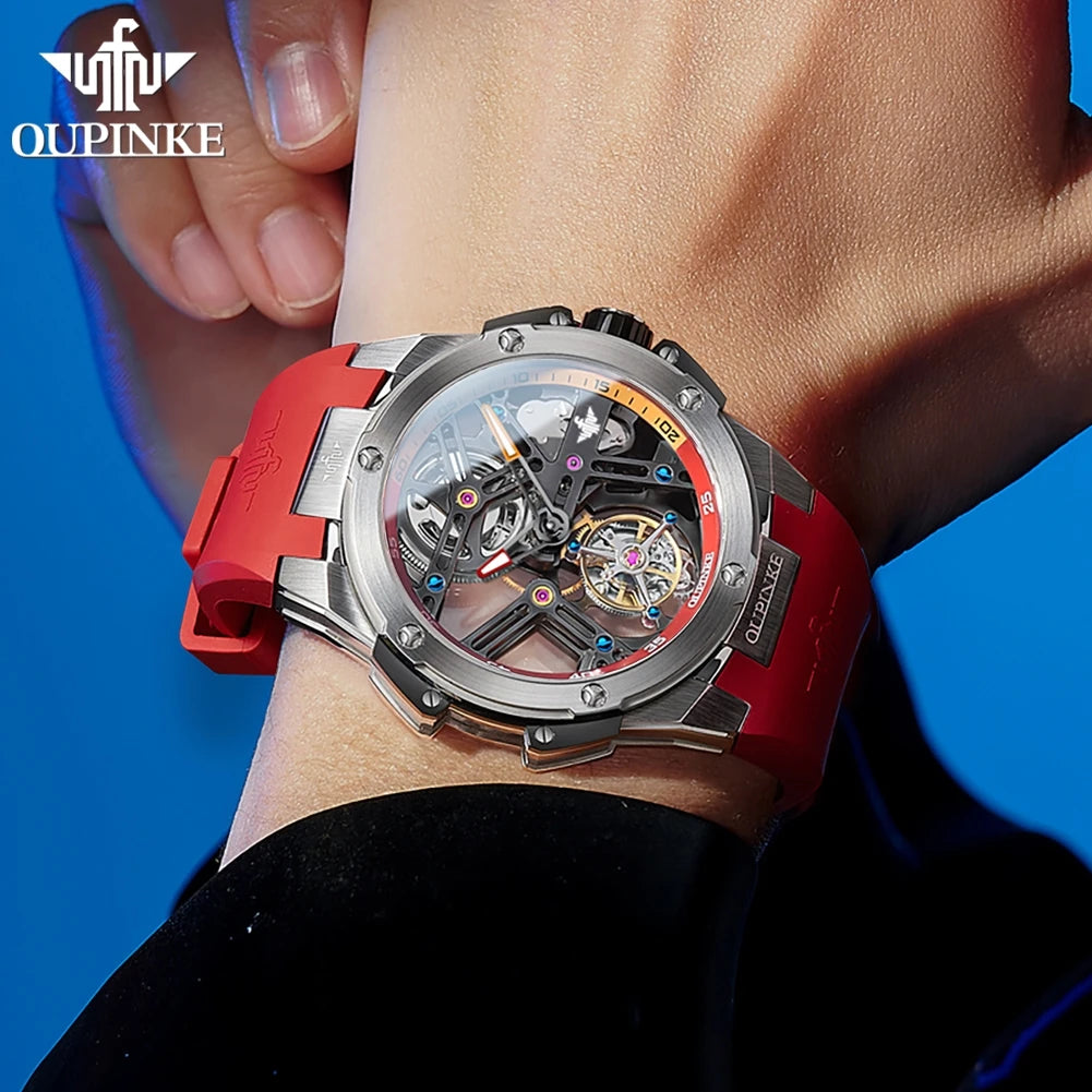 OUPINKE 8003 Real Tourbillon Watch Automatic Mechanical Watch for Men Skeleton Hollowed Transparent High-end Luxury Wristwatches