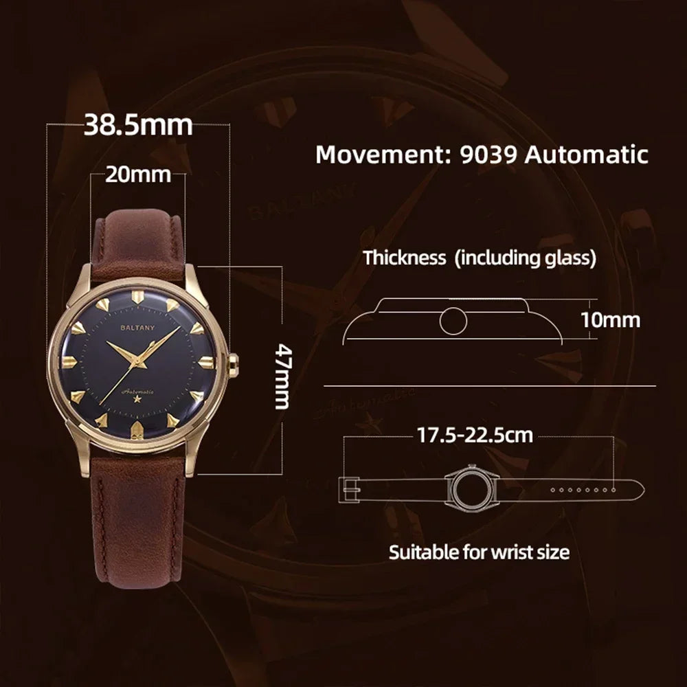 2025 Baltany Mechanical Watches S4090 Classic Pie-Pan 38.5mm Dial Automatic watches Stainless steel waterproof Watch for men