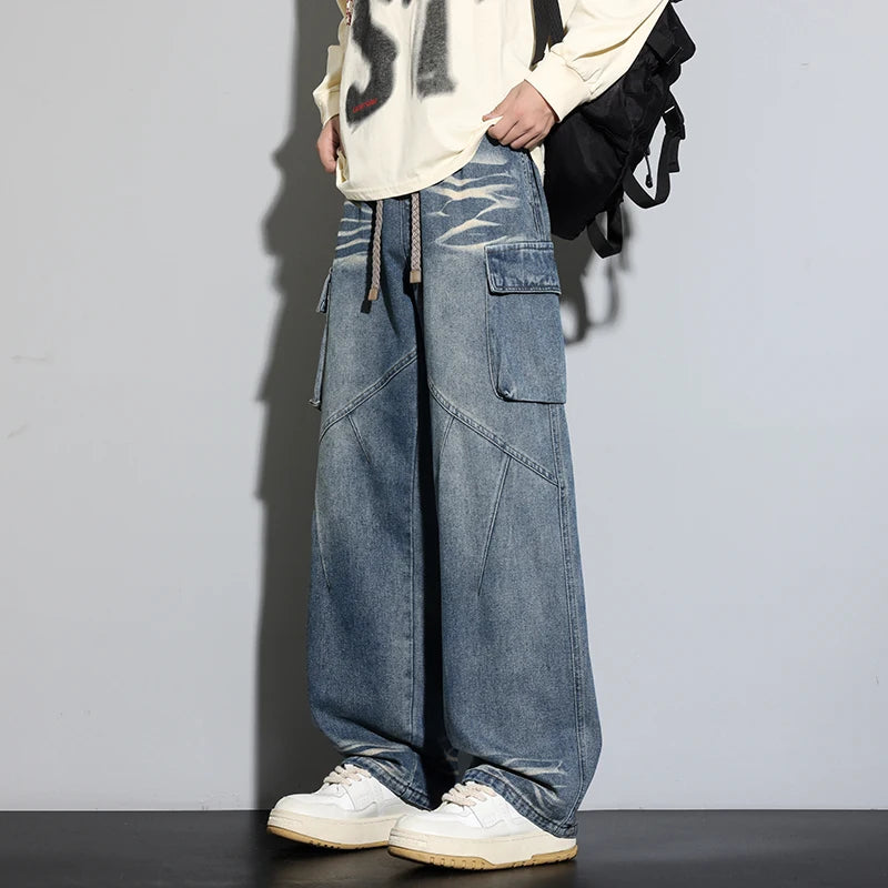 Autumn New 390g Wide Leg Washing Jean Pants Men Trousers Neutral Loose Casual Fashion Young Trend Cargo Pants Big Size 9xl