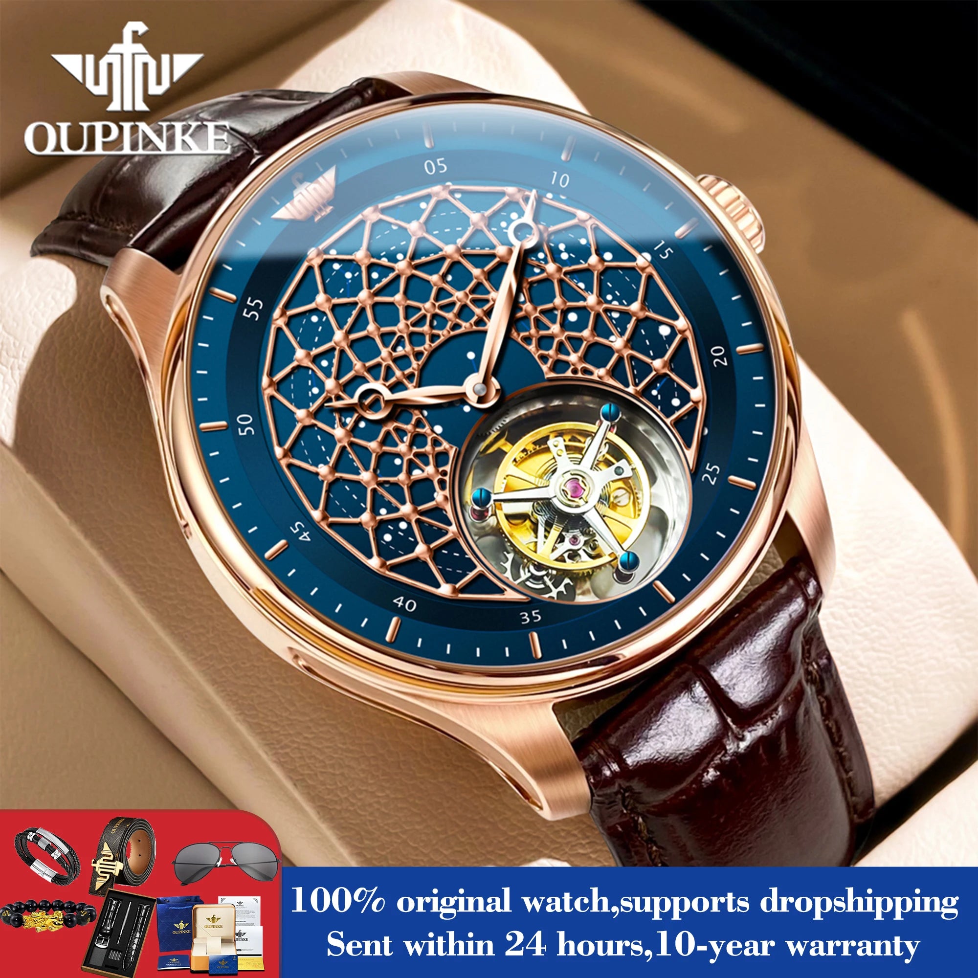 OUPINKE 8002 Watch Man Hollow Deep Waterproof Tourbillon Mechanical Watch For Men Synthetic Sapphire Mirror Fashion Hand Clock