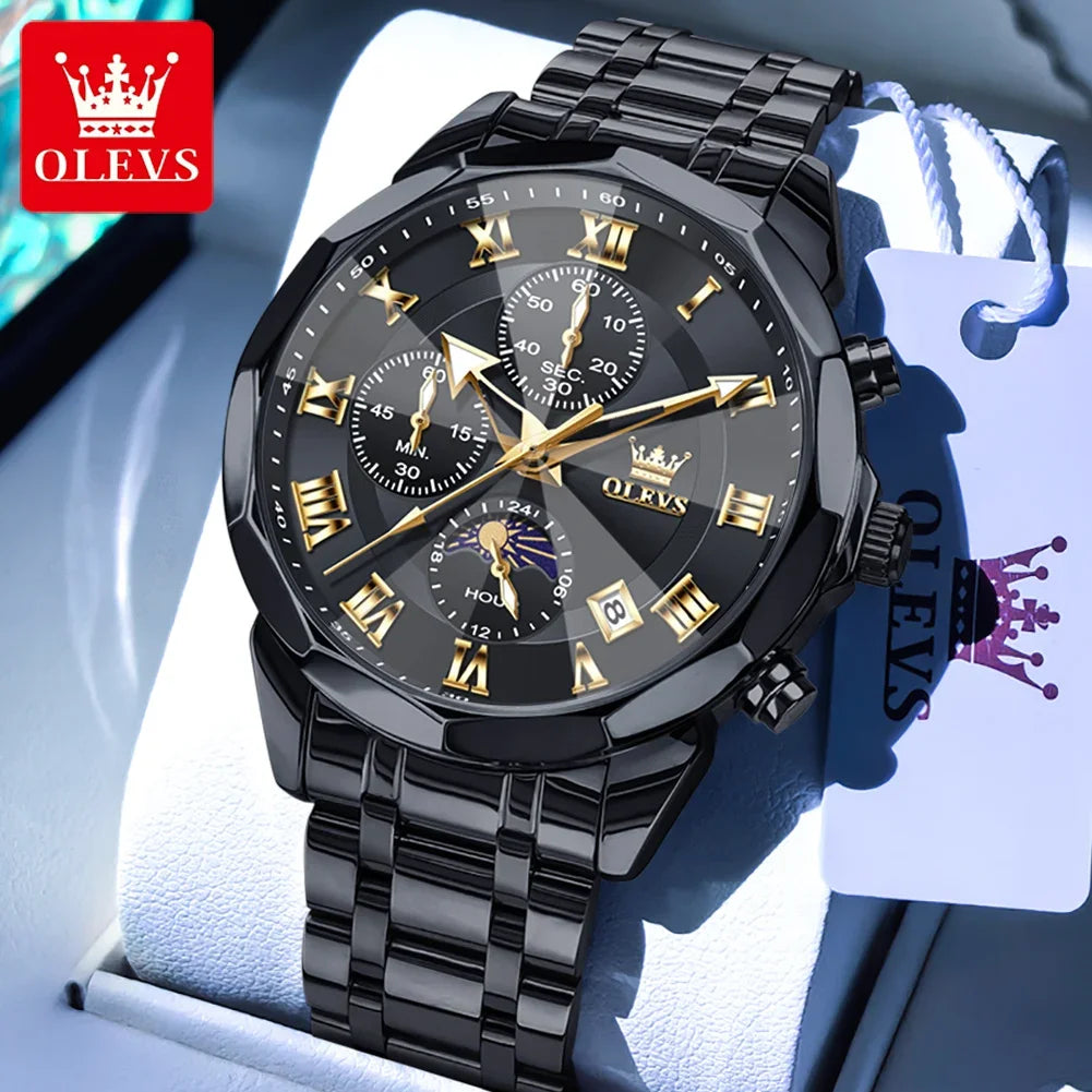OLEVS 3675 Men's Multifunctional Chronograph Quartz Watch Waterproof Moon Phase Display Fashionable Gift for Men
