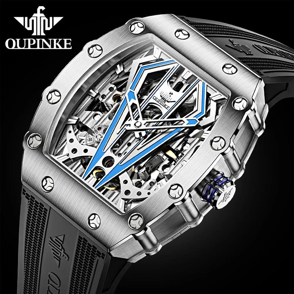 OUPINKE 3179 Men's Watches Top Brand Skeleton Tonneau Automatic Mechanical Luxury Original Watch for Men 5m Waterproof Man Watch
