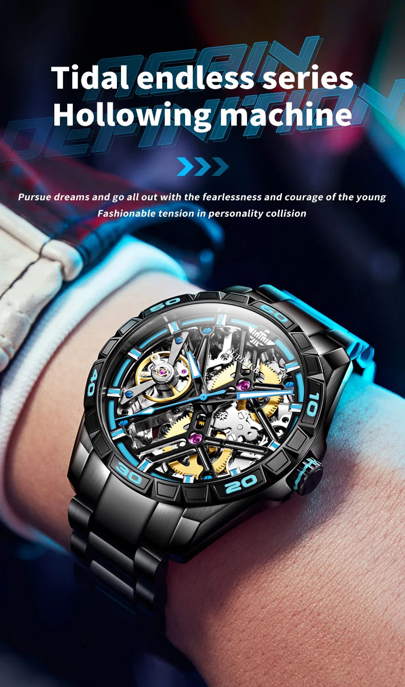 OUPINKE 3196 Blue Watch for Men Original Automatic Movement Deep Waterproof Hollow Out Mechanical Wristwatch Men