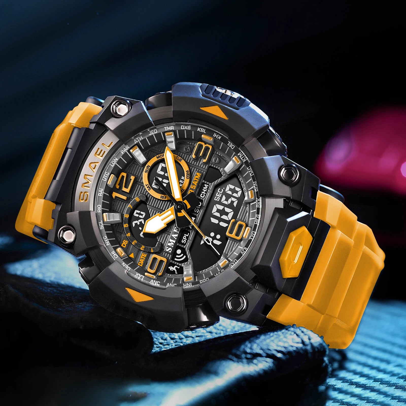 SMAEL Fashion Sports Casual Electronic Man Watch Dual Digital Display Silicone Strap Luminous Waterproof Alarm Watches for Men