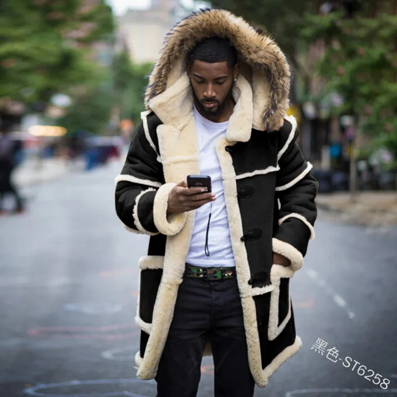 2022 New Men Winter Fashion Leather Jacket Casual Men Clothing Lamb Fur Hooded Jacket Fur Coats Punk Warm Leather Coat Windproof