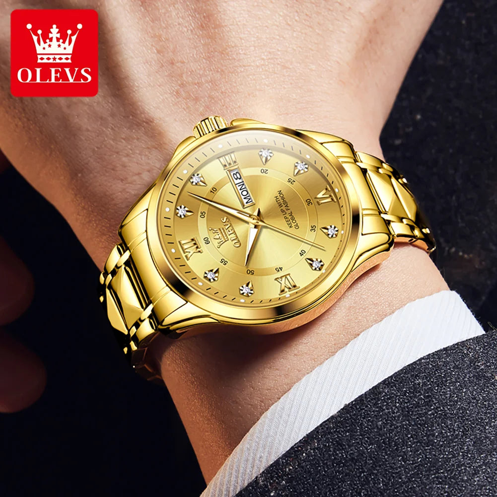 OLEVS High Quality Luxury Watches for Men Stainless Steel Dual Calendar Luminous Waterproof Quartz Fashion Business Man Watch