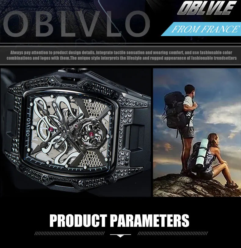 OBLVLO Top Luxury Men's Designer Skeleton Watc Fashion Tonneau Super Luminous Rubber Band Automatic Watches Relojes ZM