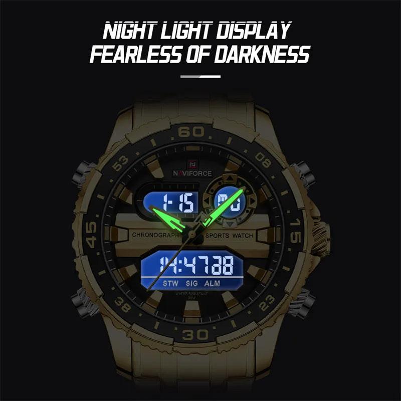 NAVIFORCE Men's Watch Luxury Waterproof Sports Chronograph Quartz Steel Band Wristwatch Digital Date and Week Display Male Clock