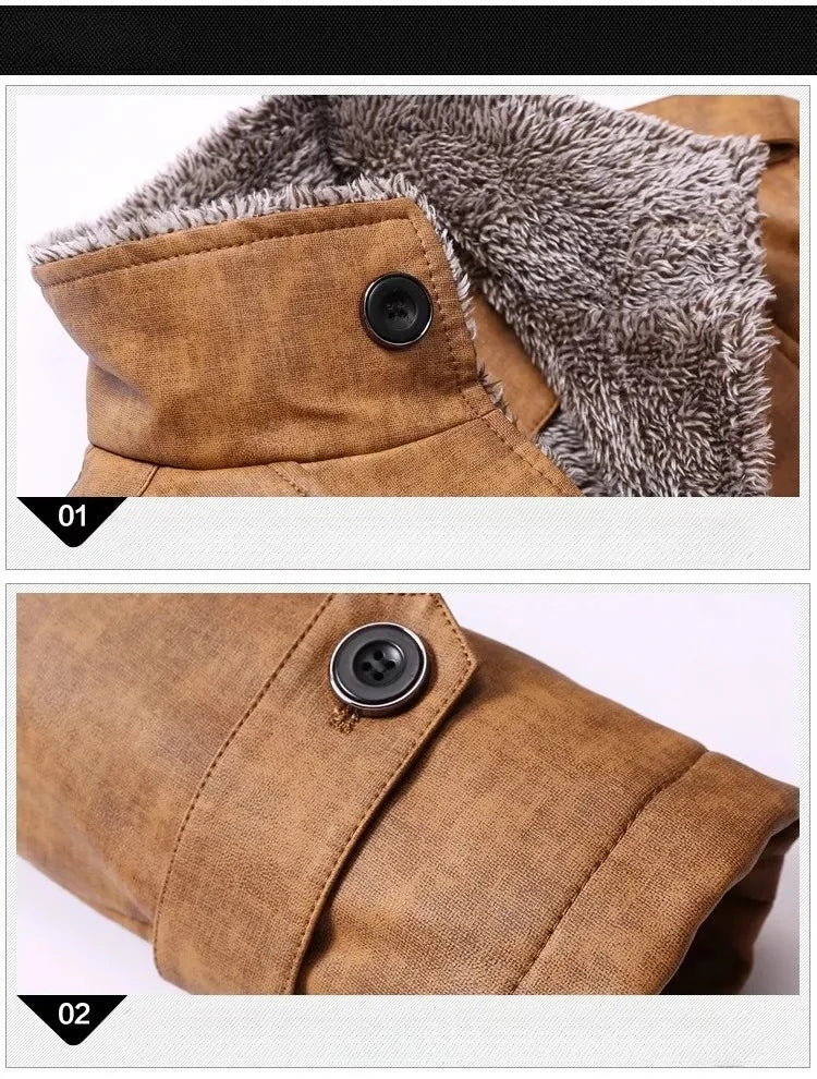 New  Men's Leather Suit Jacket Slim Plus Fleece Coat Fashion Mid-long PU Leather Jacket Streetwear Men Casual Warm Outerwear