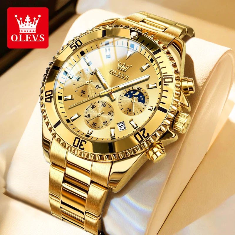 OLEVS Moon Phase Men's Watches Original Waterproof Luxury Quartz Watch Stainless Steel Chronograph Date Rota Dial Wristwatch