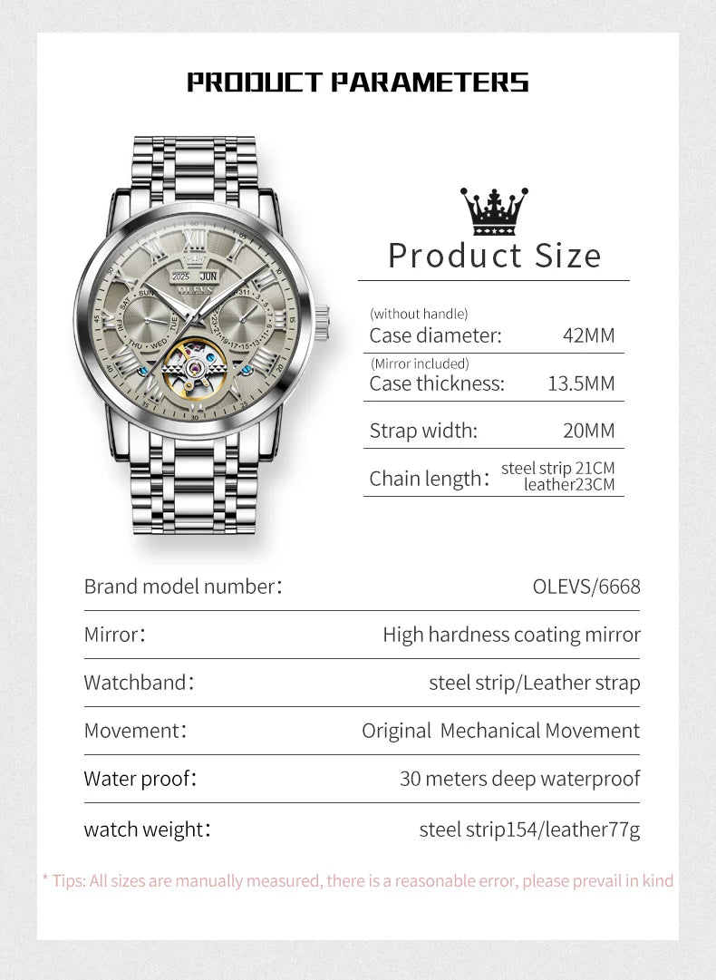 OLEVS 6668 Luxury Skeleton Automatic Mechanical Men Watch Top Brand Movement Roman Scale Calendar Waterproof Business Men Watch