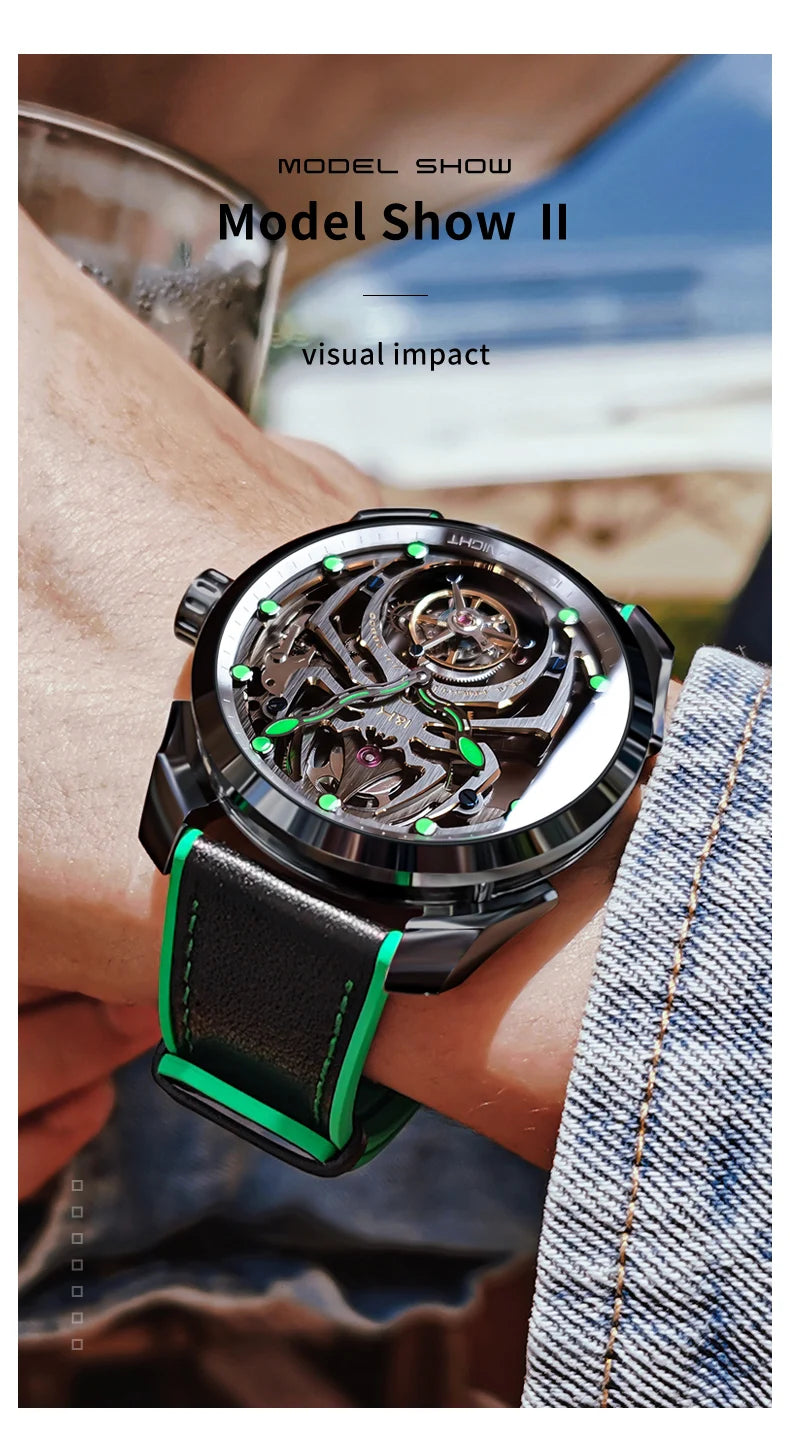 IDEAL KNIGHT 6802 Automatic Watch For Men Hollow Skeleton Mechanical Wristwatch Waterproof Tourbillon Man Watch Sapphire Mirror