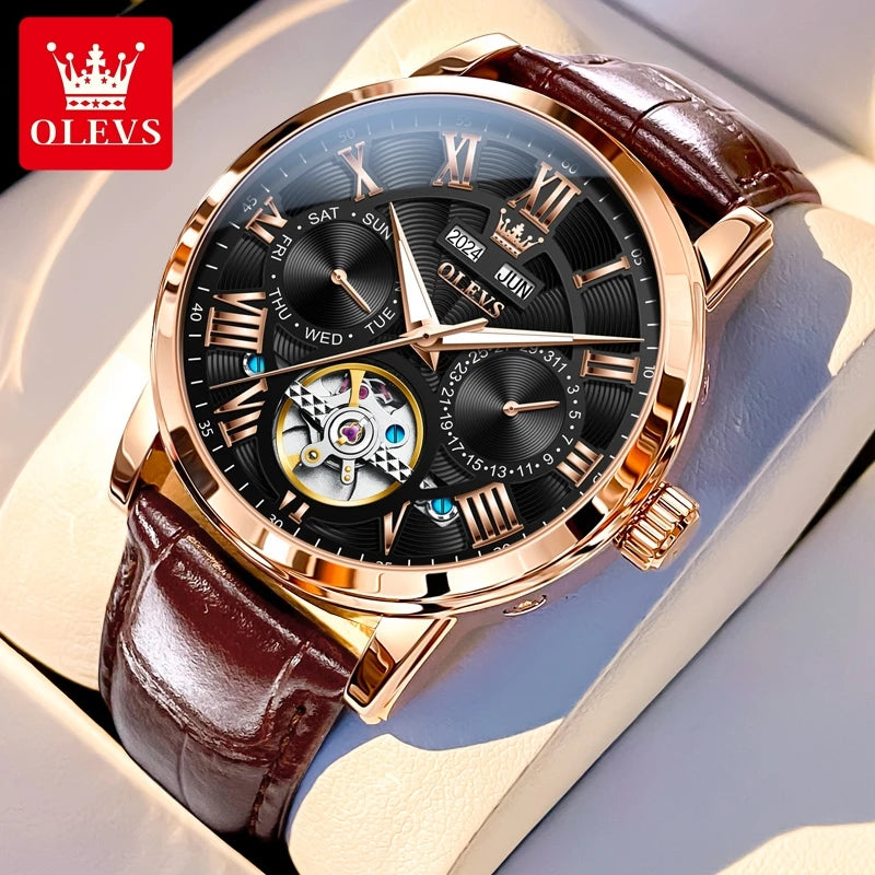 OLEVS 6668 Luxury Skeleton Automatic Mechanical Men Watch Top Brand Movement Roman Scale Calendar Waterproof Business Men Watch