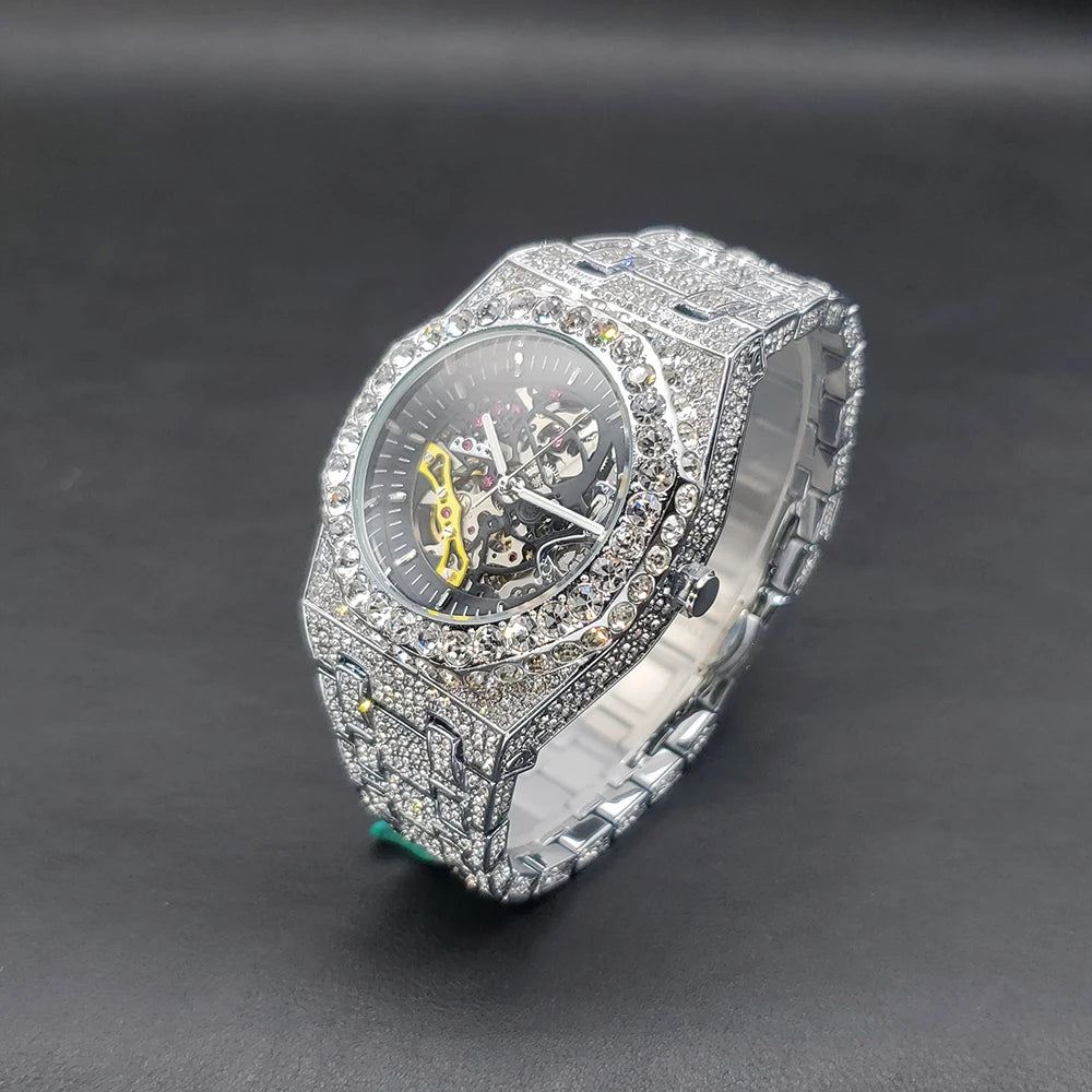 Automatic Watch For Men Luxury Full Ice Out Business Tourbillon Watches Bling Diamond Gold Male Mechanical Wristwatch Hot Sale