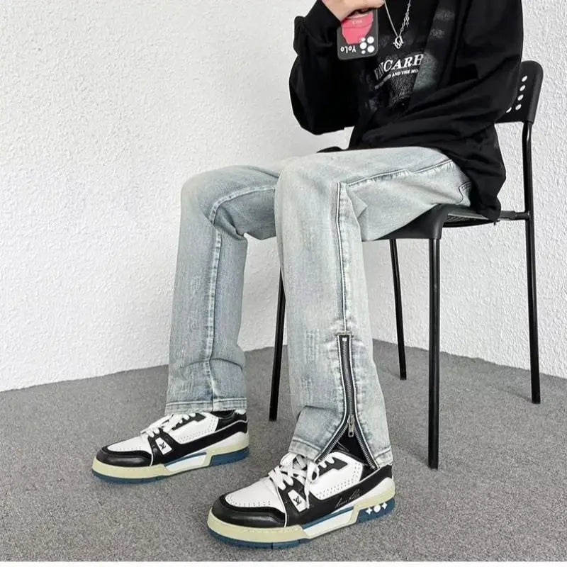 Jeans Men's Hiphop Zipper Loose Straight Pants Youth Fashion Versatile Casual Pants
